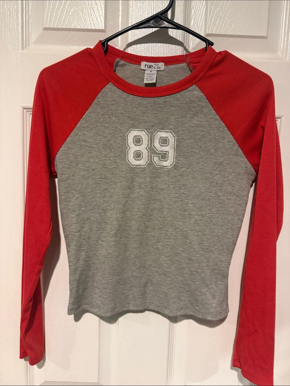 Rue21 Gray and Red Raglan Long Sleeve Tee with '89' Patch
